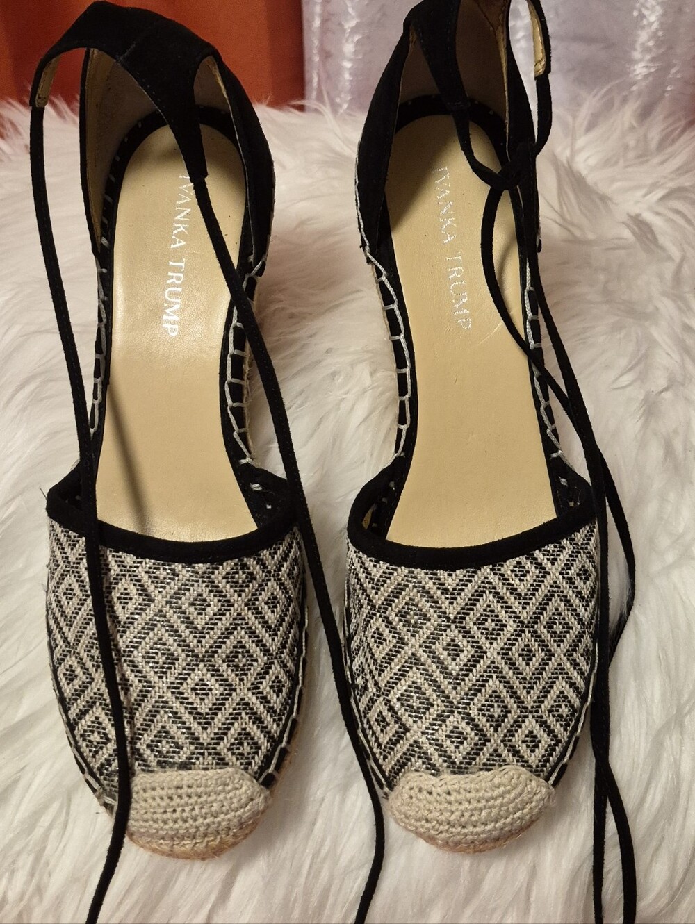 Ivanka Trump Black and Cream Patterned Espadrilles